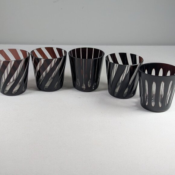 Vintage 5 Bohemian Ruby Cut To Clear Low Ball Whiskey Tumbler Swirls Lines Ovals - Picture 3 of 15